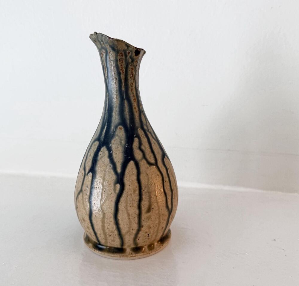 David Bellar Studio Pottery Vase Signed Cream Blue Drip Glaze Hand Thrown